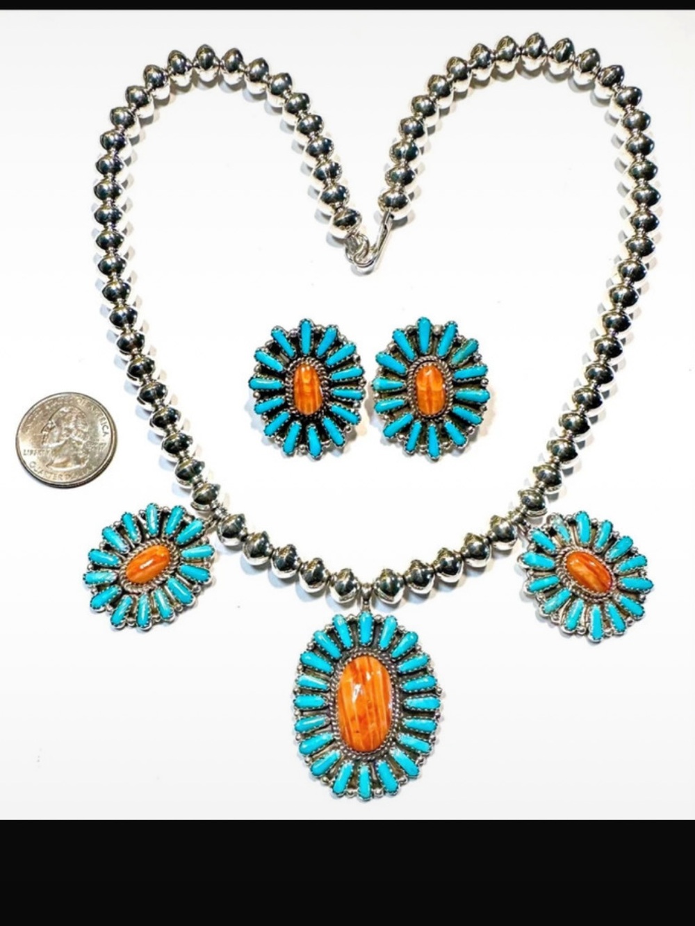 Gorgeous sterling, turquoise, and spiny oyster shell necklace and earrings set b